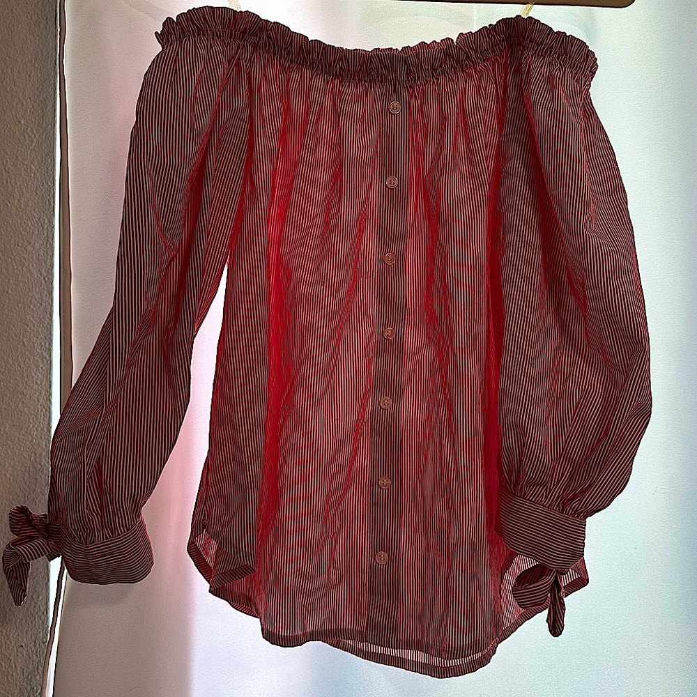 Off-the-shoulder Red Striped Blouse